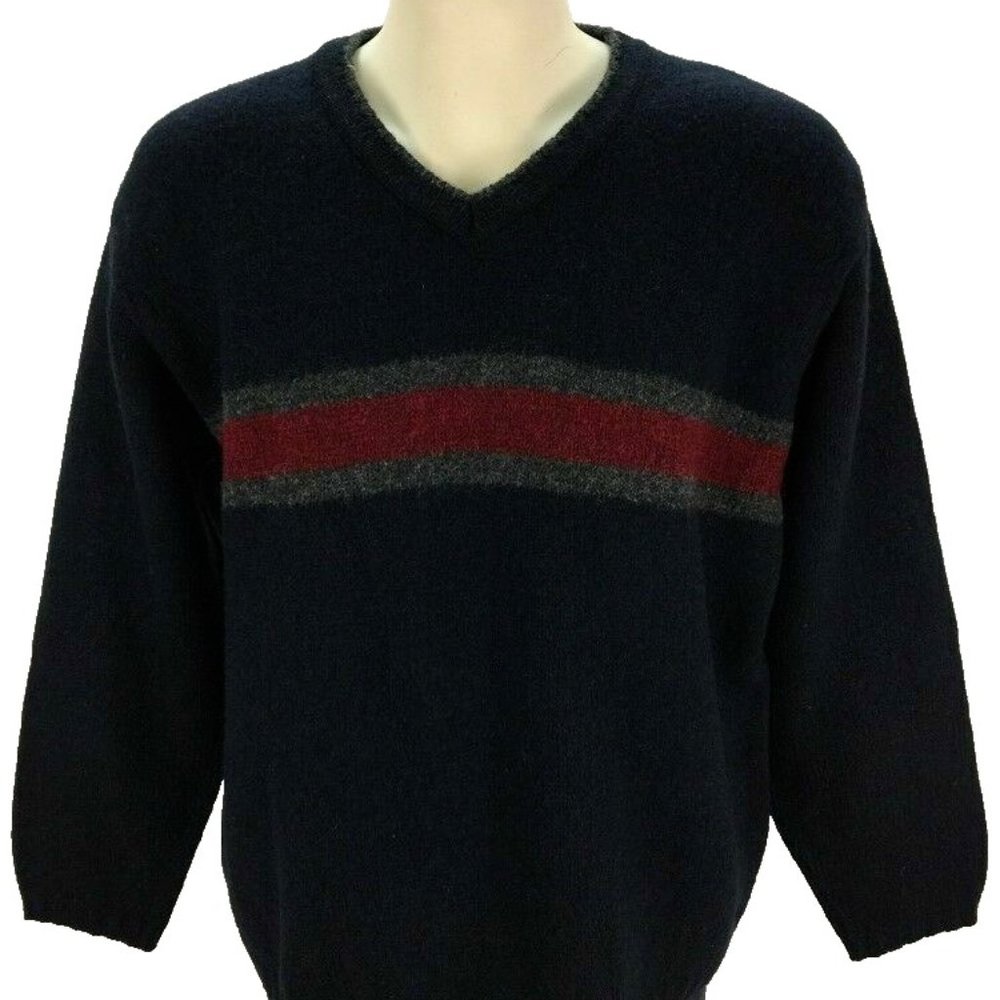 Eddie Bauer Vneck Wool Sweater M Blue‎ Stripe Pullover USA Mens